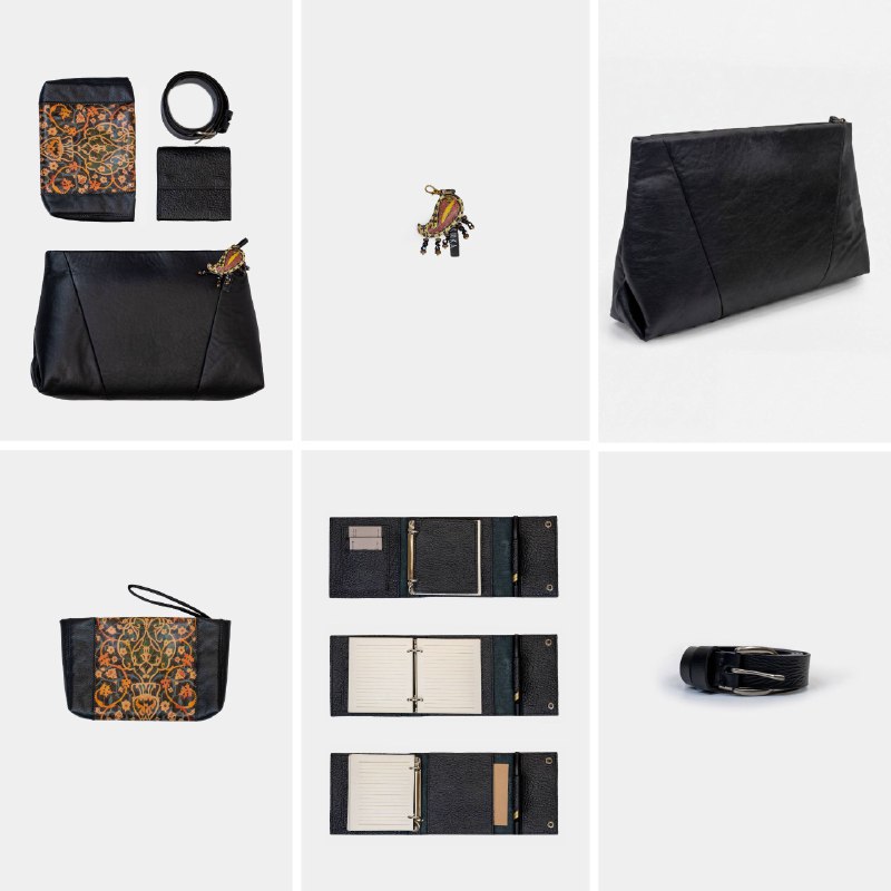 Kanishka leather accessories collection in square lookbook frame