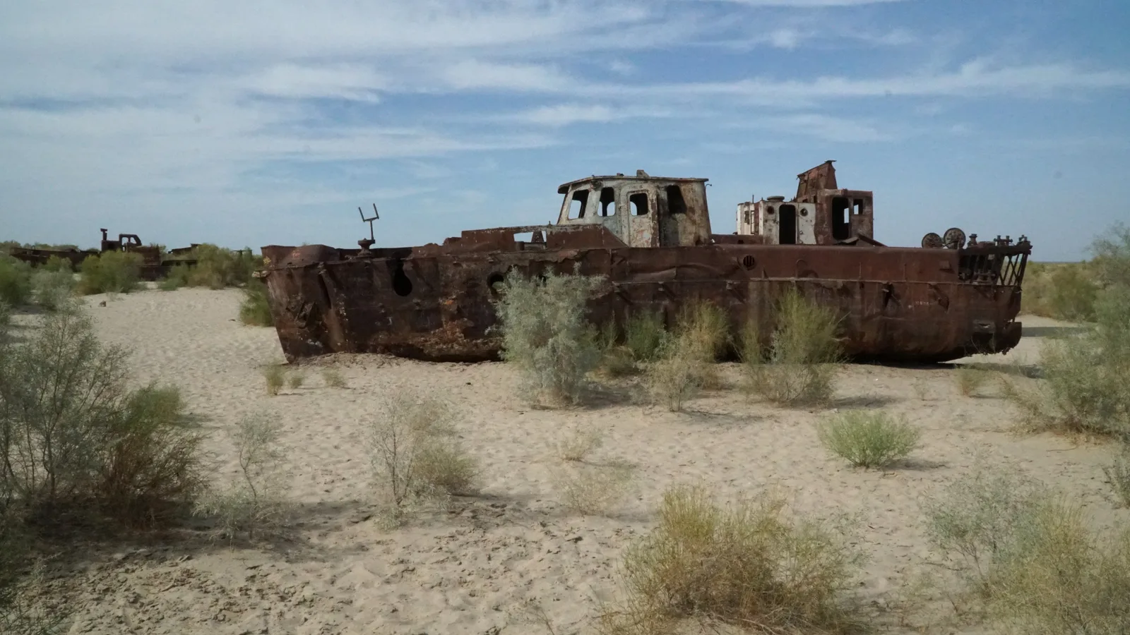 Ship remains at the former Aral Sea shoreline in Muynak