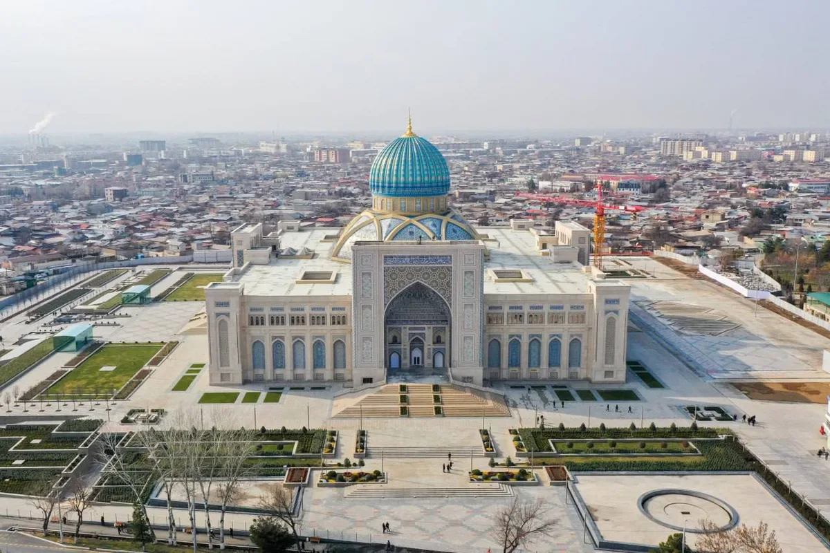 Front aerial view of the Center for Islamic Civilization in Uzbekistan and its forecourt