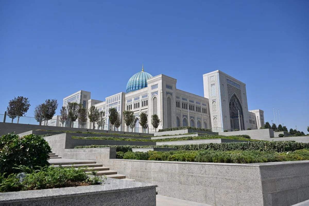 Side facade and garden approach to the Center for Islamic Civilization in Uzbekistan
