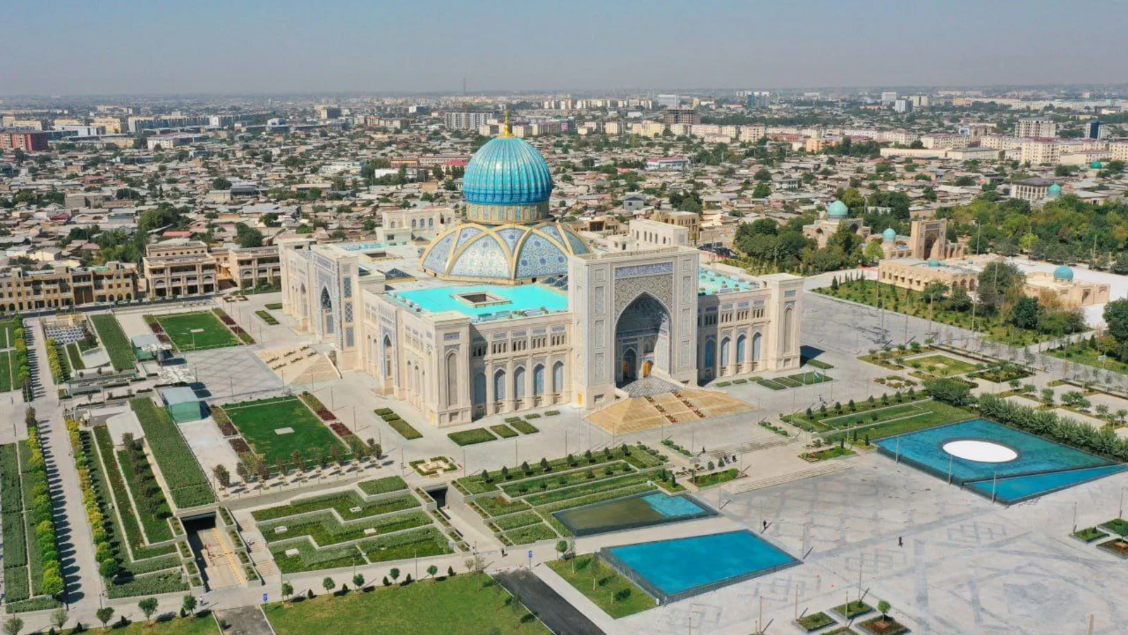 Aerial view of the Center for Islamic Civilization in Uzbekistan beside the Hazrati Imam area